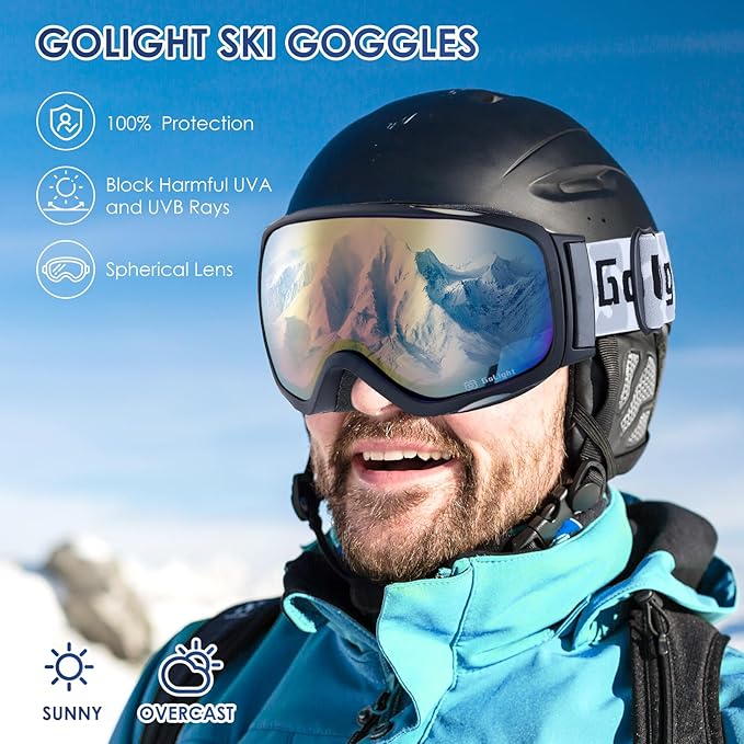 GoLight OTG Anti-Fog Ski Goggles for Men Women ??Spherical REVO Lens, UV400, Breathable TPU Frame, Adjustable Non-Slip Strap