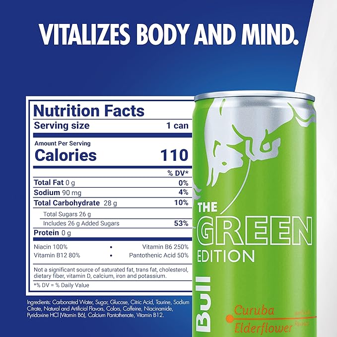 Red Bull Green Edition Energy Drink, Curuba Elderflower, 8.4 fl. oz., Pack of 4 cans, with 80mg Caffeine, Taurine & B Vitamins