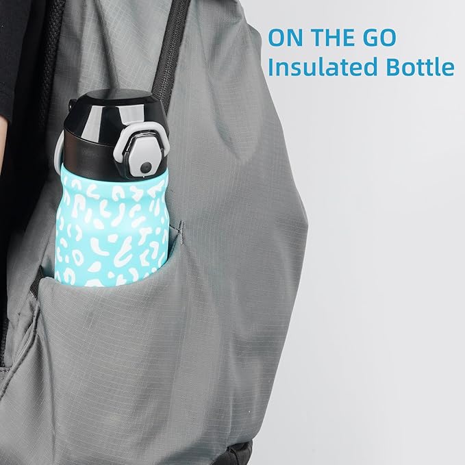 Insulated Water Bottle with Straw and Carry Loop,18 oz Stainless Steel Double Wall Vaccum Metal Water Flask with Leak-proof Lid,Blue Leopard