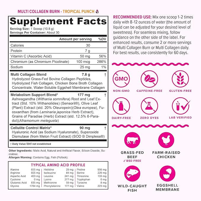 Hydrolyzed Collagen Peptides Powder for Women - Slimming MultiCollagen Burn Ultimate Beauty Complex with Hyaluronic Acid Vitamin C & Types I II III V and X for Women Tropical Punch 30 Servings