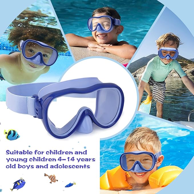 Kids Swim Goggles 180° Snorkel Diving Mask with Nose Cover, Anti-Fog Kids Swimming Goggles with Elastic Fabric Strap for Kids Boys Girls