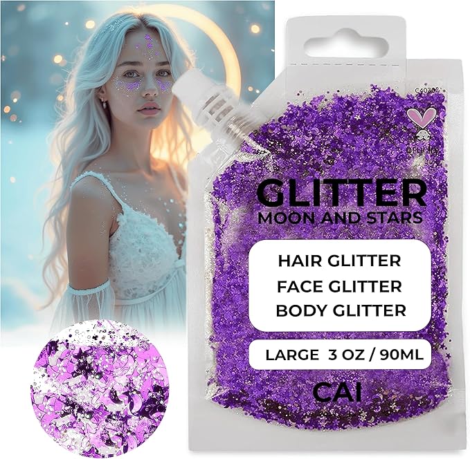Hair Glitter Gel – Body Glitter for Kids and Women – Iridescent Holograph Cosmetic-Grade Gel w/Moon & Stars for Hair, Body & Face, Applies Smoothly w/o Glue & Washes Off Easily, 3 Oz - Violet 1Pack