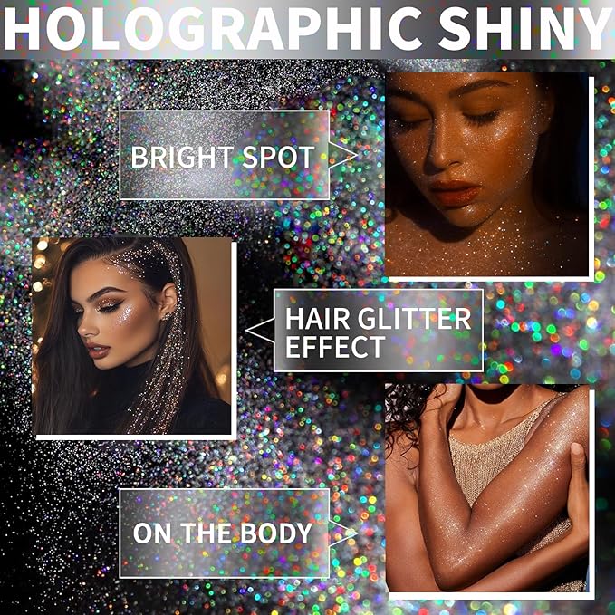 Hair Glitter Body Glitter Spray, 150ML Glitter Hairapray Holographic Silver Glitter Spray for Hair and Boday, Hair Glitter for Kids Women, Body Shimmer Festival Makeup 4.2 Fl Oz