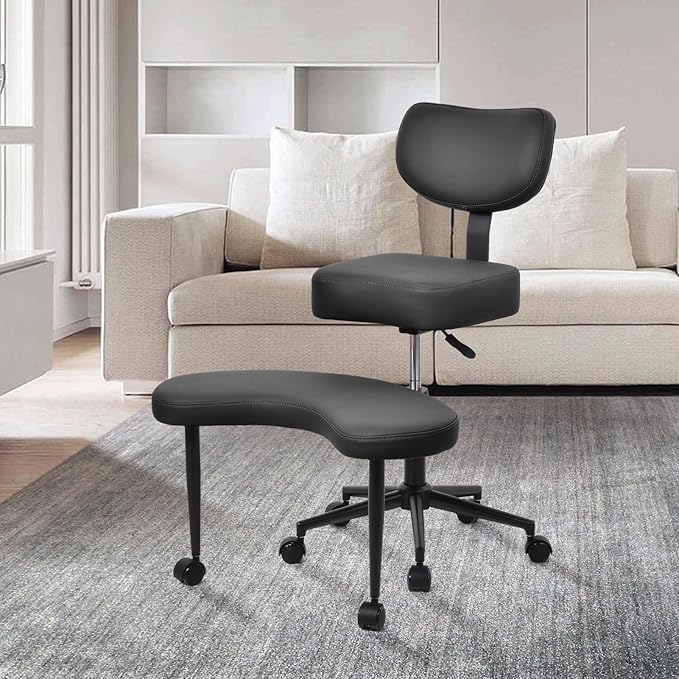 Meditation Chair Cross Legged ADHD Office Chair for Adults with Wheels Ergonomic Back Support and Leg Rest for Multi Position Criss Cross Sitting Kneeling and Yoga Height Adjustable, Leather Style