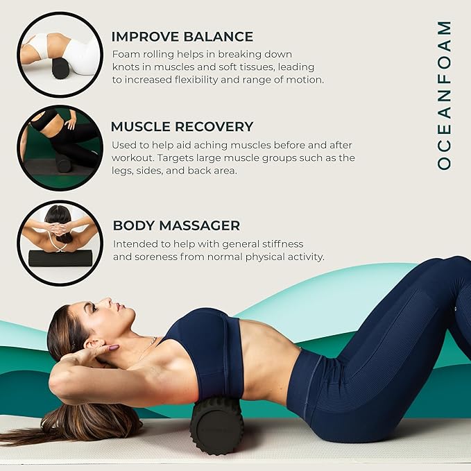 Oceanfoam Tidal Roller - Black - Muscle Massage Foam Roller for Back Pain & Stretching - Firm and Ergonomic Wide Wave Textured - Yoga, Athletics, & Wellness - Full Size, 20" x 5"
