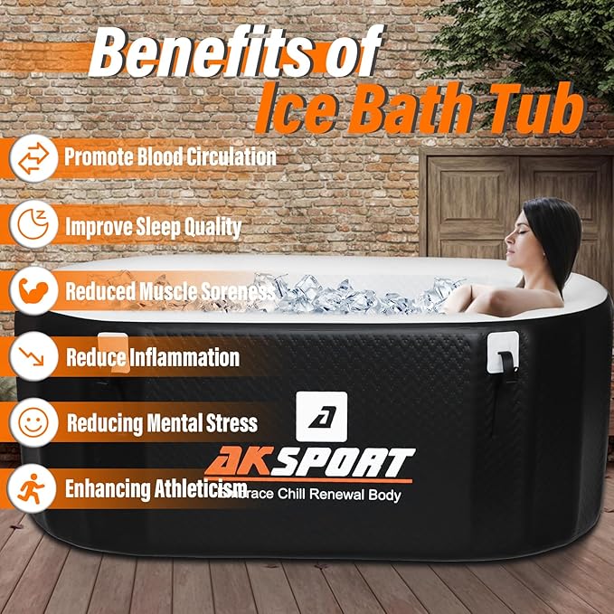 AKSPORT Ice Bath Tub for Athletes, 225 Gallons Inflatable Cold Plunge Tub Compatible with Water Chillers, Icebath for Recovery & Cold Water Therapy, Portable Bathtub for Indoor & Outdoor-Black