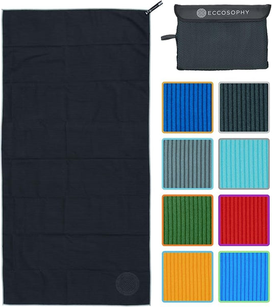 ECCOSOPHY Microfiber Beach Towel – Quick Dry Gym Towel, Highly Absorbent with Ribbed Texture, Lightweight – Ideal for Travel, Pool, Yoga, Fitness & Outdoor Adventures – 60x30 Black
