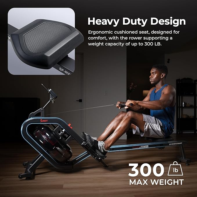 Sunny Health & Fitness Flip & Foldable Rowing Machine for Home w/Extended Slide Rail, Full-Body Workout, Low-Impact, Optional Extra Long Rail, Quiet Rail Cover, Water Motion and Free SunnyFit App