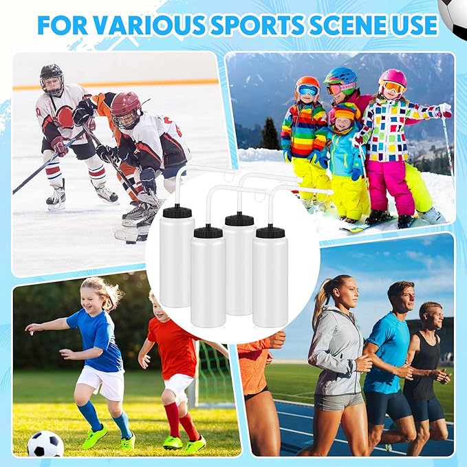 Domensi 2 Pack 1 Liter Sports Water Bottle with Long Straw Hockey Lacrosse 34 Oz Water Bottle Easy Squeeze Plastic Use with Sport Helmet in Football Baseball(Translucent,No Printed)