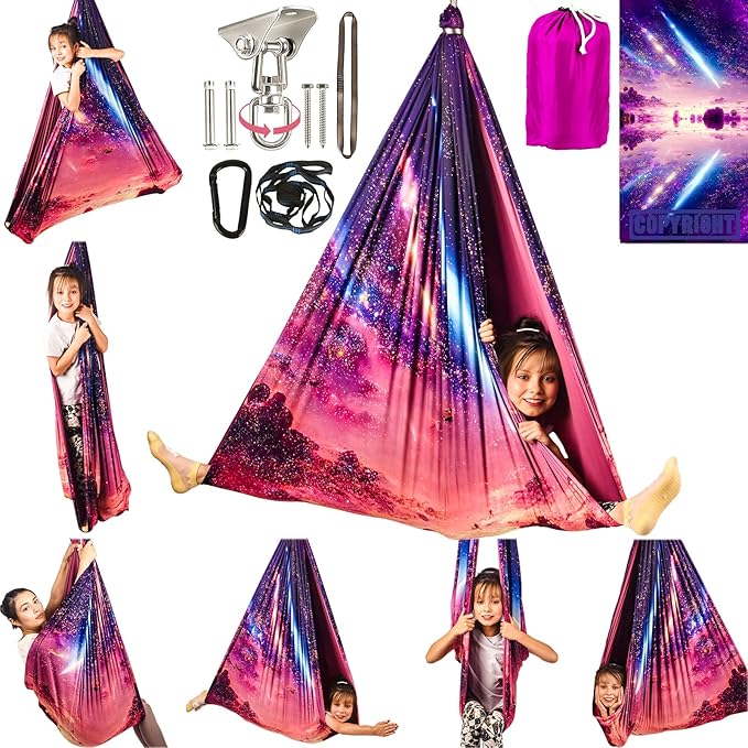 Double Layer Sensory Swing for Kids & Adults Holds up to 300lbs Indoor and Outdoor Therapy Cuddle Swing with 360° Swivel Hanger Kit Adjustable with Aspergers Autism ADHD (Fantasy Pink)