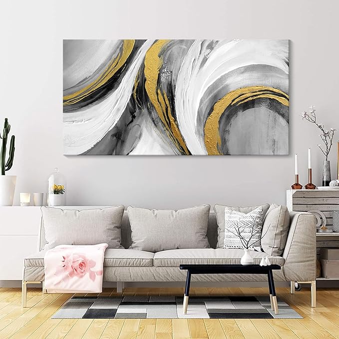 Abstract Bedroom Wall Art - Black and White Grey Abstract Gold Foil Hand Painted Texture Modern Canvas paintings for Living Room Kitchen Hallway Office Wall Decor 20x40 IN