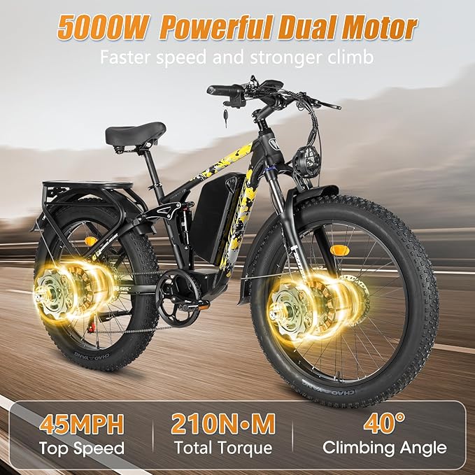 5000W 60V 26Ah Electric Bike for Adults, 60V Battery Ebike, 26"X4"Fat Tire,45MPH & 70 Miles Long Range,210Nm Mountain Bike Full Suspension, Hydraulic Brake Electric Bicycle,Rear Rack