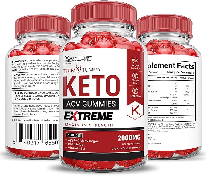 Justified Laboratories Trim Tummy Keto ACV Gummies Extreme 2000MG Trim Tummy Keto Gummies Apple Cider Vinegar Formulated with Pomegranate Beet Juice Powder B12 Vegan Non GMO 60 Gummys
