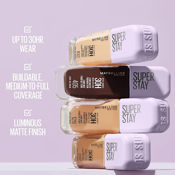 Maybelline Super Stay Lumi-Matte Foundation, Lightweight and Buildable Full Coverage Foundation Makeup For Up To 30HR Wear, 129, 1 Count