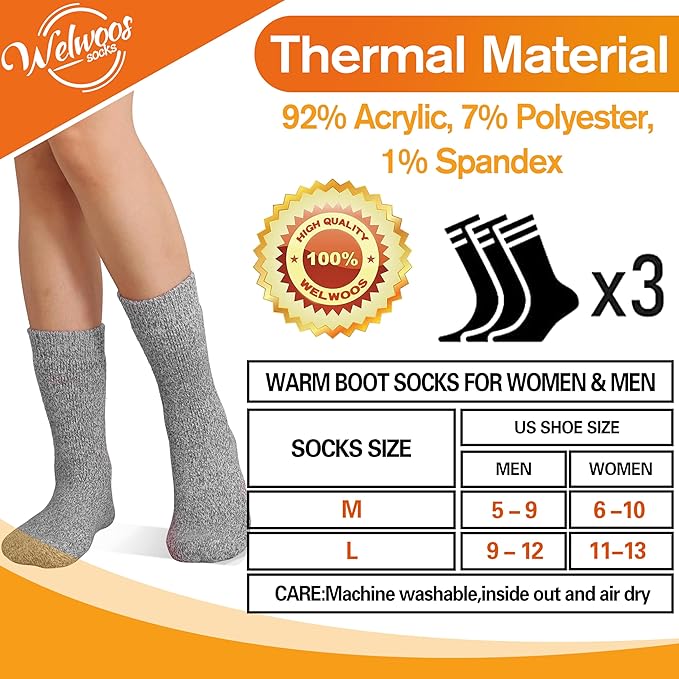 3 Pairs Warm Thermal Socks for Women & Men Winter Ski Thick Boot Insulated Socks for Cold Weather