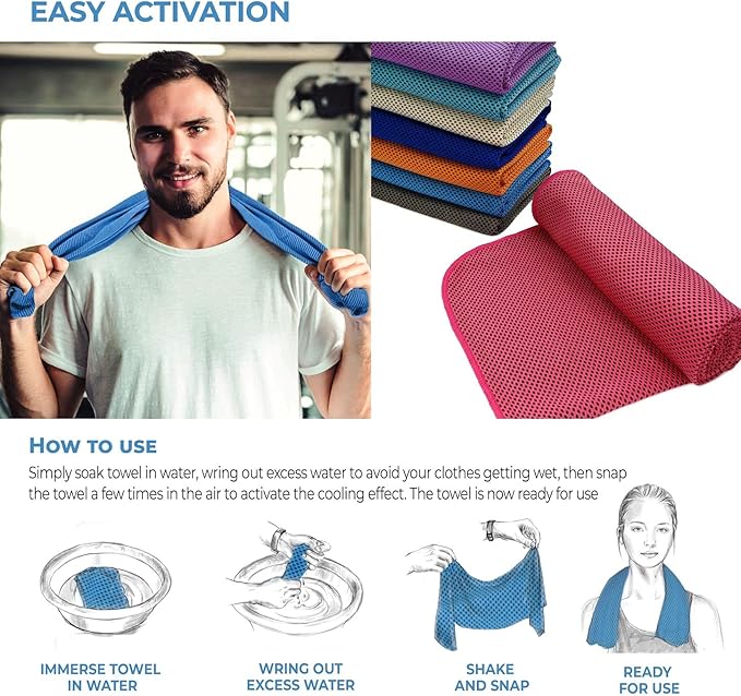 8 Packs Cooling Towel (40 x 12), Ice Towel, Microfiber, Soft Breathable Chilly Towel Stay Cool for Yoga, Workout, Sport, Gym, Camping, Fitness, Running, Workout & More Activities - Multicolor