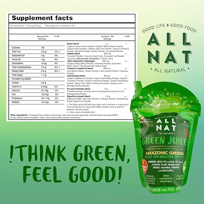 ALL NAT Super Greens Powder | Green Juice with 38 Superfoods, 11 Organic Nutrients, Amazonian Antioxidants | Gut Health, Detox & Immunity | Vegan, No Sugar – 30 Servings