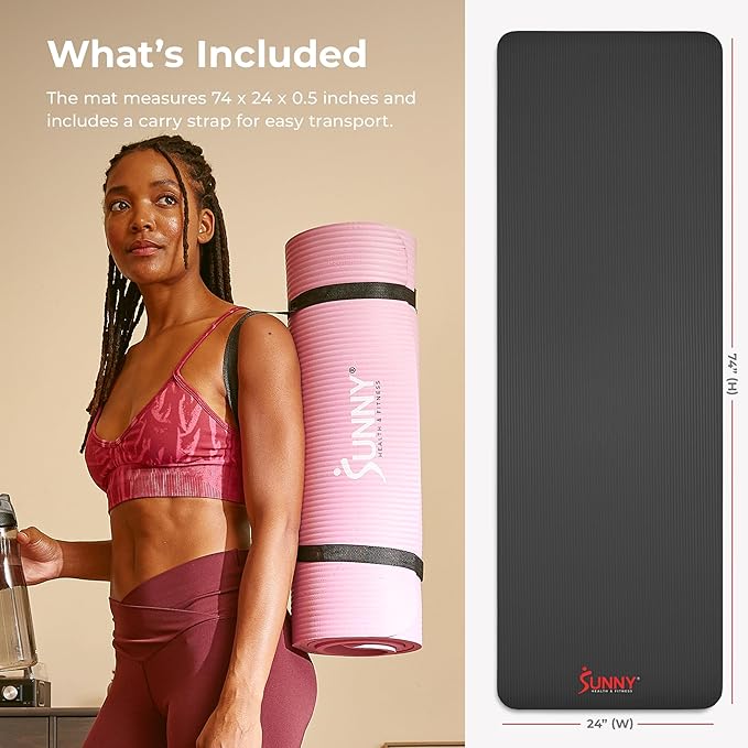 Sunny Health & Fitness Non-Slip Yoga Mat – Durable, Anti-Tear, Lightweight, Cushioned Support for Yoga, Pilates, Stretching Exercises, Meditation and Floor Workouts | Multiple Sizes & Colors