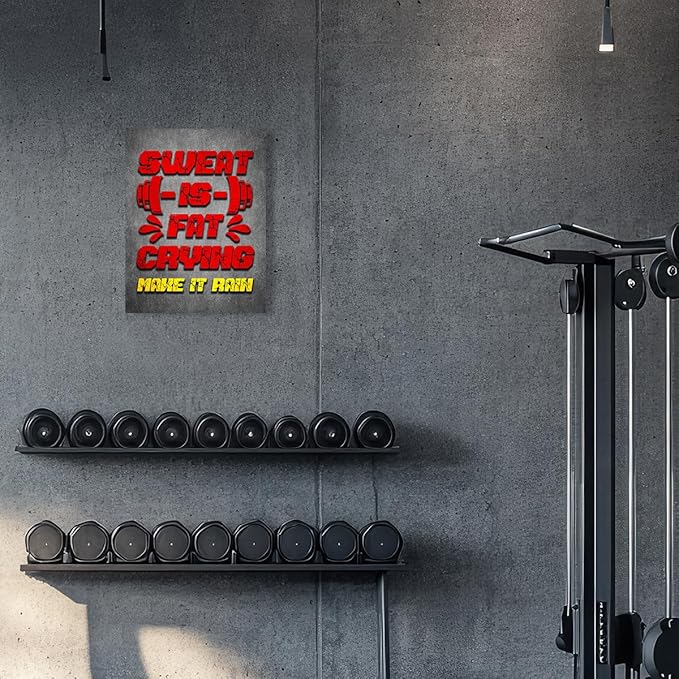 Gym Quotes Wall Art,Inspirational Workout Wall Decor,Sweat is Fat Crying Canvas Wall Art for Home Gym Exercise Fitness Room