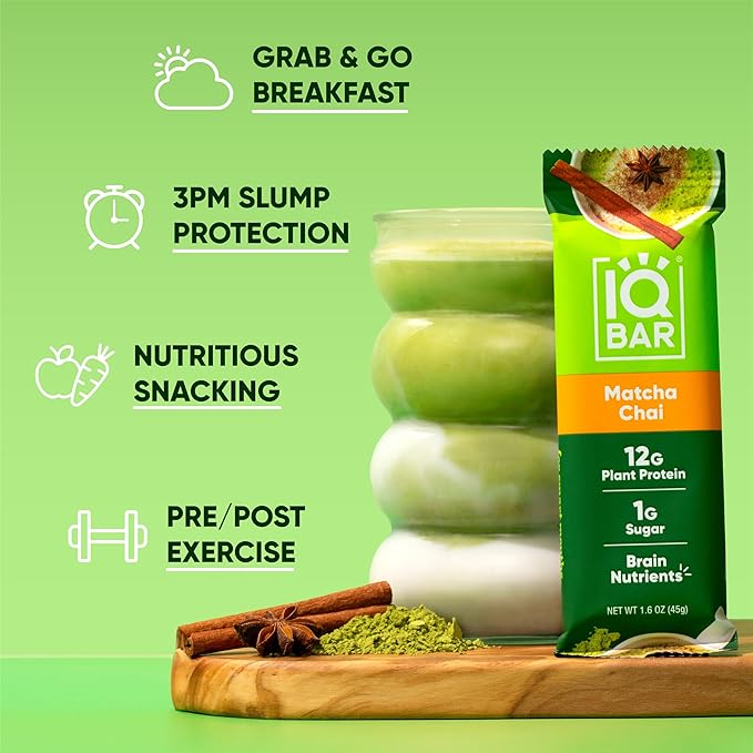 IQBAR Brain and Body Plant Protein Bars - Matcha Chai - 24-Count Low Carb - Gluten Free, High Fiber, Vegan Snacks - Low Sugar Meal Replacement