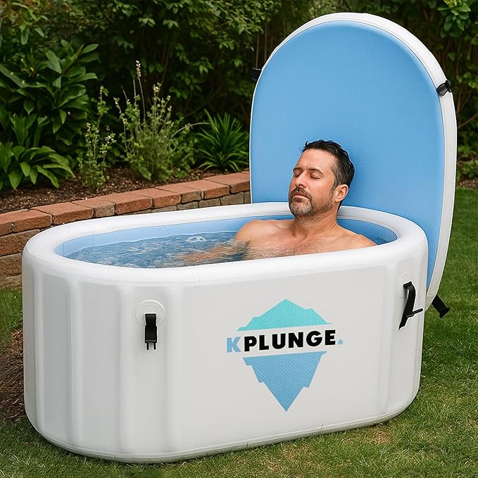 Kodiak 59" 1-Person Inflatable Cold Plunge Ice Bath Tub or Hot Tub with PVC Insulated Lid, Hand Pump, Repair Kit, 110-Gallon Capacity – Chiller Compatible Indoor/Outdoor Tub – Gray