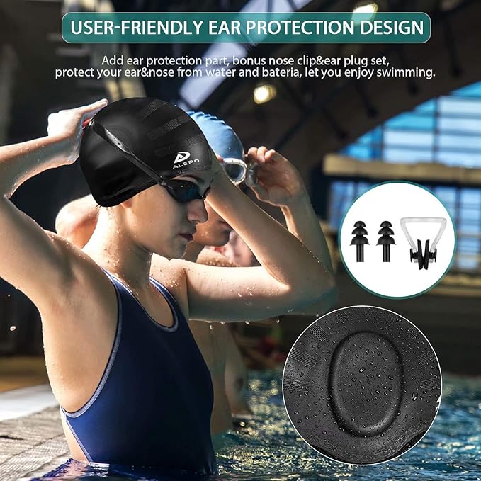 2 Pack Unisex Swim Caps with 3D Ear Protection, Durable Flexible Silicone Swimming Hats for Women Men Kids Adults, Bathing Swimming Caps for Short/Long Hair with Ear Plugs&Nose Clip