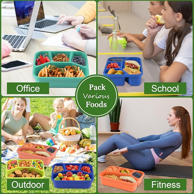 8 Pack Bento Box Lunch Box Container for Adult Kid, 4 Compartment Meal Prep Containers with Lids, Reusable Bento Box Snack Container, Microwave & Dishwasher Safe