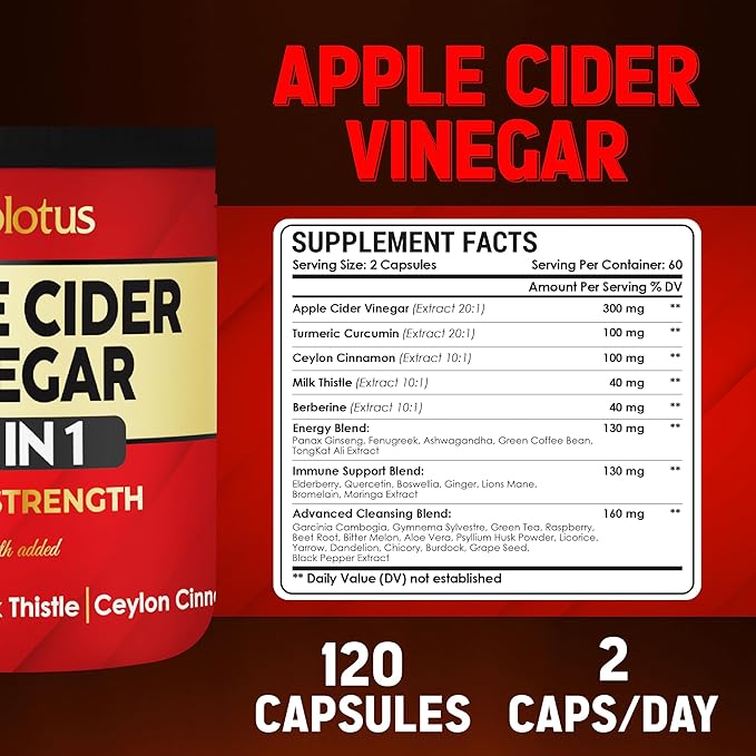 Zolotus 32 in 1 Apple Cider Vinegar Capsules with Turmeric, Cinnamon, Milk Thistle, Elderberry, Quercetin for Support Digestion, Immune 120 Capsules