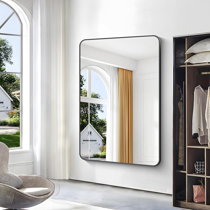 Black Bathroom Mirror,60x40 inch Wall Mirror for Bathroom Wall Mounted,Rectangle Mirror for Bathroom Over Sink,Modern Frame Round Corner for Living Room,Bedroom Entryway,Horizontal/Vertical
