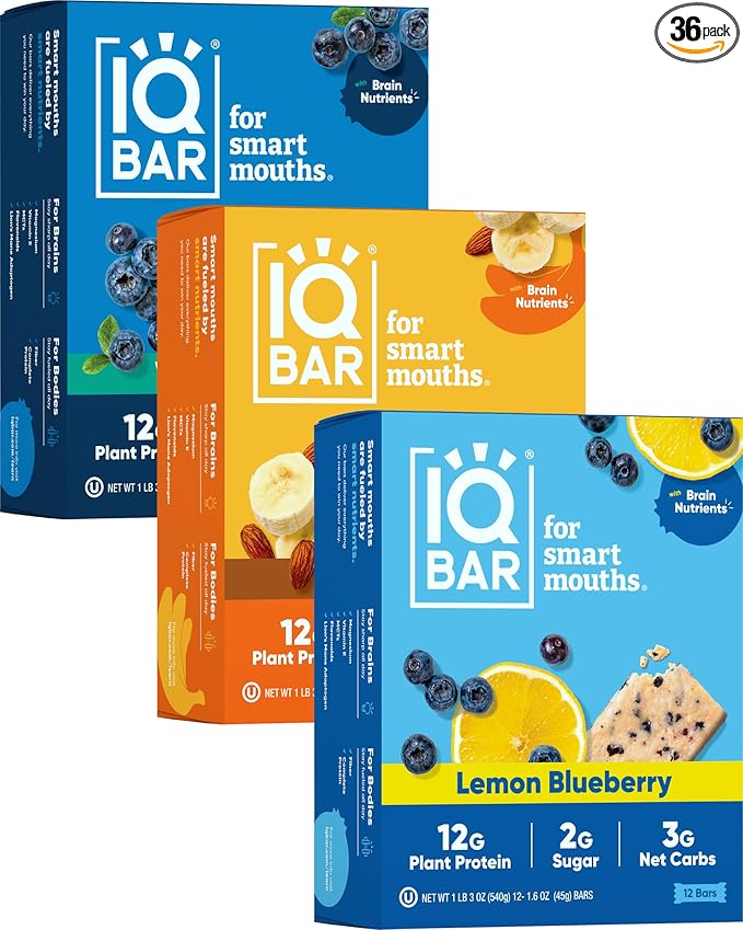 IQBAR Brain and Body Plant Protein Bars - Fruit Lovers Variety - 36-Count Low Carb - Gluten Free, High Fiber, Vegan Snacks - Low Sugar Meal Replacement