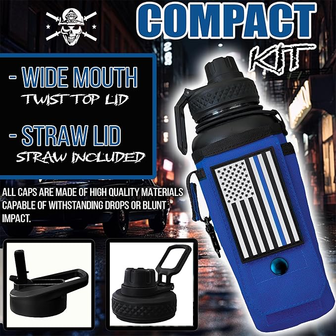 Iron Infidel Battle Bottle - 32 Oz Insulated Water Bottle with Straw Lid & Chug Cap, Stainless Steel Metal Flask Includes Rugged, Removable Sleeve for Keys, Wallet, & Phone (Thin Blue Line 1 Liter)