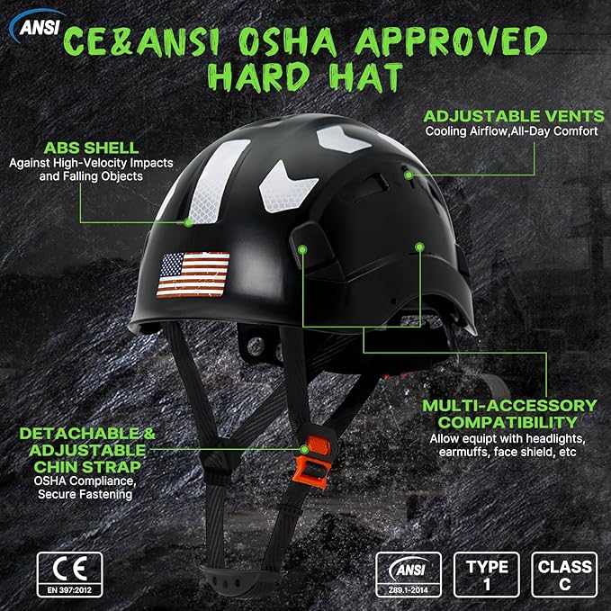 AOLAMEGS Construction Safety Hard Hat - ANSI Z89.1 Type Ι OSHA Approved Safety Helmets with Chin Straps Lightweight Reflective Vented ABS Hard Hats For Men Women Industrial Workwear 6-point Suspension