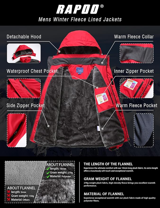 Rapoo Men's Winter Ski Snow Jacket Mountain Waterproof Windproof Rain Jacket