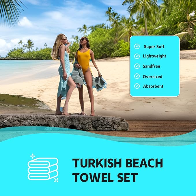 HAVLULAND Set of 6 Turkish Beach Towel Oversized 72"x40" - Sand Free Beach Towels, Lightweight Turkish Towels for Beach, Bath, Pool, Vacation Accessories - Bulk Set