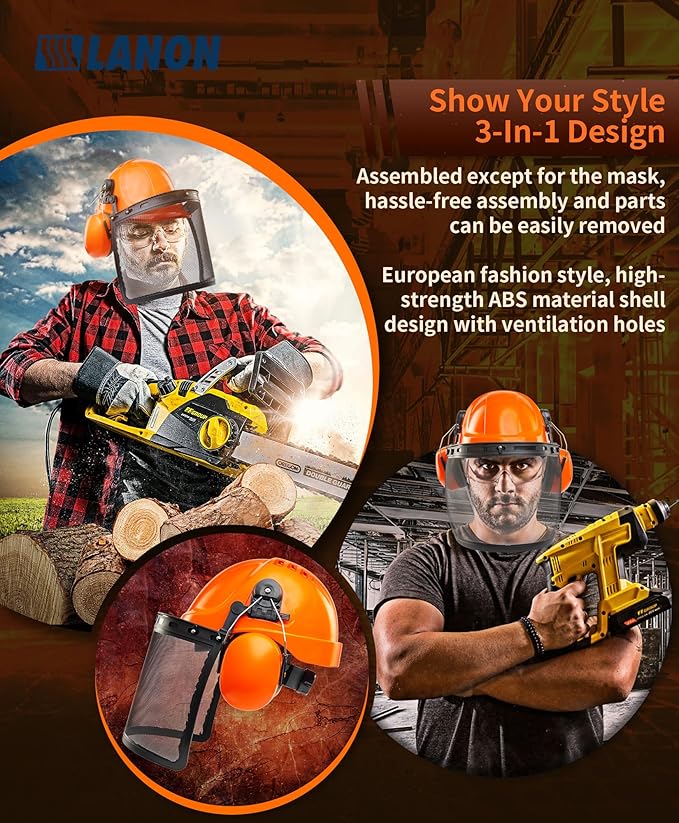 LANON Industrial Forestry Safety Helmet Protection System, ANSI Approved Chainsaw Hard Hats with Adjustable Ear Muffs & Face Shield Visor, 6 Point Adjustable Ratchet Suspension, Class C, Orange