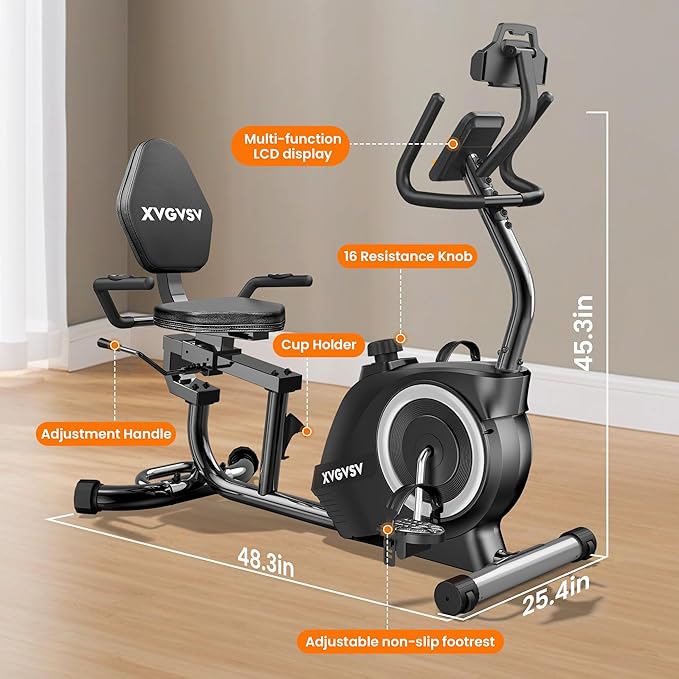 Recumbent Exercise Bike for Home Use, Quiet Recumbent Stationary Bikes for Adults & Seniors, 16-Level Resistance, Adjustable Seat, Supports 400LB, Pulse Sensors & LCD Display