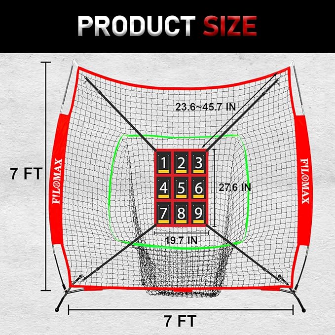 7x7 ft Baseball & Softball Practice Net with 9 Numbered Strike Zone | PRO Training Net for Hitting, Pitching & Batting | with Carry Bag, Bow Frame for All Ages & Skills