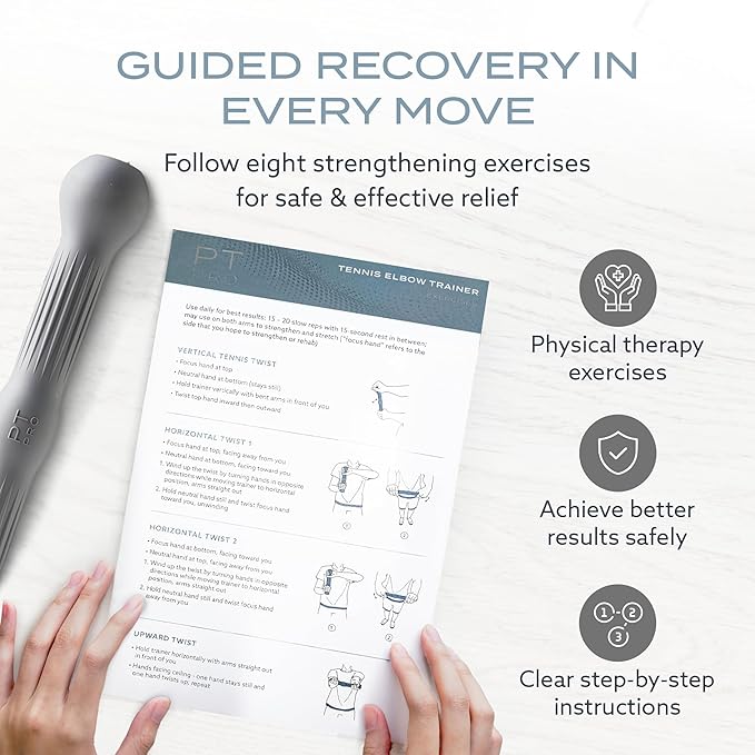 PT Pro Tennis Elbow Trainer For Physical Therapy, Textured Grip, Elbow Pain Relief, Resistance Bar For Tendonitis And Golfer's Elbow, Improve Grip Strength, Pickleball Elbow And Golfer's Elbow, Gray