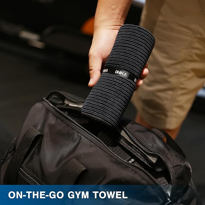 Microfiber Gym Towels with Snap Strap Closure, Ribbed Pattern Sports Towels for Yoga, Home and Outdoor Activities, 27” x 16”, 6 Pack, Black/Grey