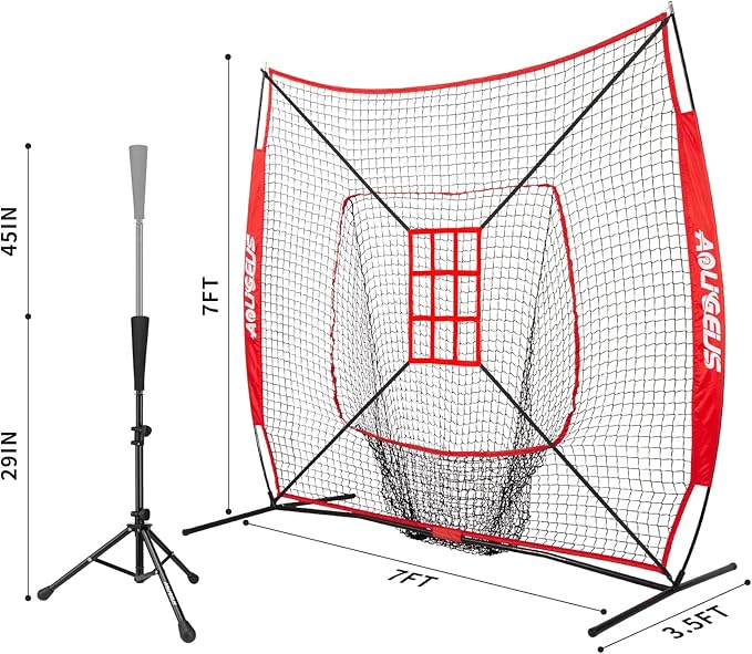 7'X7' Baseball Softball Practice Net,Pitching Net,Batting Net,with Baseball Tee,Bonus Strike Zone and Bow Frame,for Hitting,Pitching, Catching