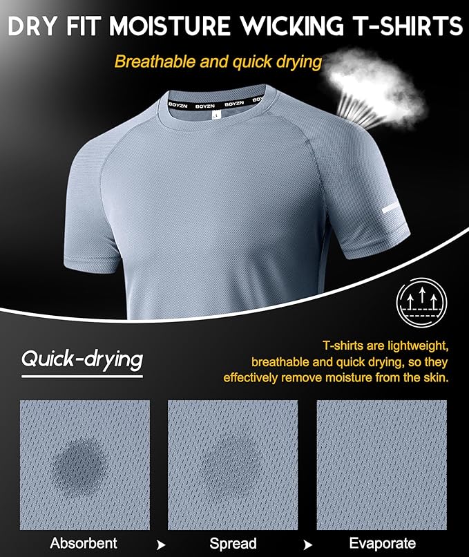 Boyzn 1, 3, 5 or 7 Pack Men's Workout Running Shirts, Dry Fit Moisture Wicking T-Shirt, Gym Athletic Short Sleeve Tee Shirts