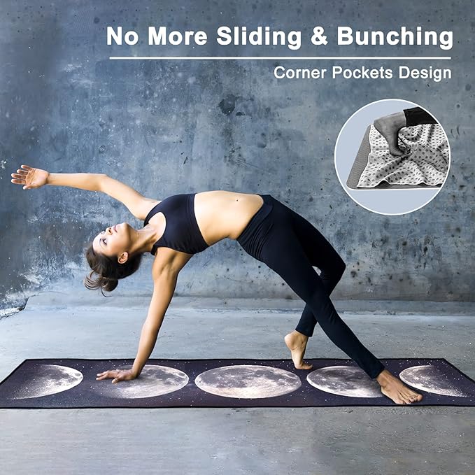 QiyI Yoga Mat Towel with Corner Pockets, Non Slip Sweat Absorbent Hot Yoga Towels, Soft Yoga Blankets with Travel Bag, Skidless Mat Cover for Workout, Gym, Fitness - 70"x26", Moon Cycle