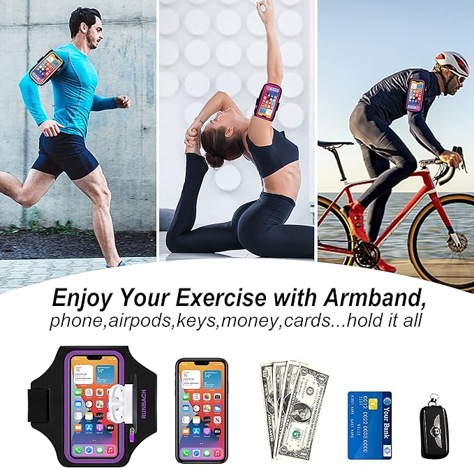 Armband for Samsung Galaxy S24 Ultra/S23 Ultra/S22 Ultra/S21 Ultra/S20 Ultra/S24+/S23+/S22+/S21+/S20+/S10+/S9+/S8+, with Zipper Pocket for for Galaxy Buds and Car Key(Purple)