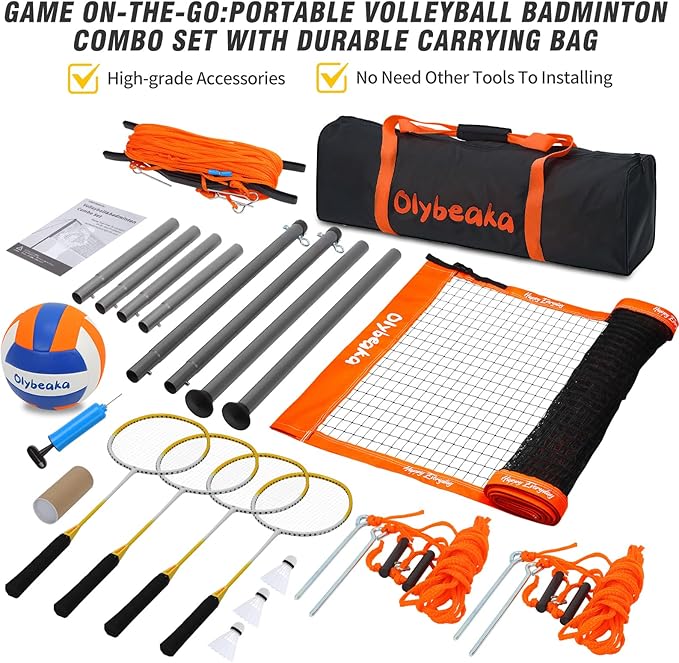 Badminton & Volleyball Combo Set 32 ft with Net, Anti-Sagging Design, 4 Badminton Rackets, 3 Birdies and PU Volleyball for Backyard Lawn Beach