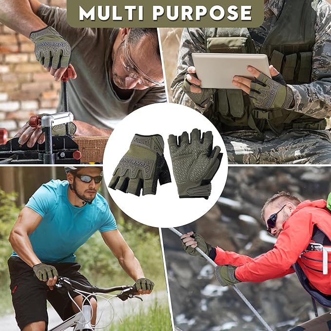 HANDLANDY Tactical Fingerless Impact Gloves for Men, Padded Grip Half Finger Work Gloves, Utility Trucker Driver Gloves (Army Green, Medium (Pack of 1))