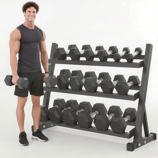 Ritafer 6-10 Pair Hex Rubber Dumbbell Set 350/450 and 550 lbsï¼?-50 lbs ）Hand Free Weight for Strength Coated Encased Iron Weights with Dumbbells Storage Rack Home Gym