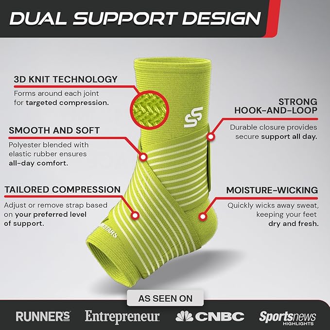 Sleeve Stars Ankle Brace for Women & Men, Ankle Wrap for Sprain, Compression Sleeve for Plantar Fasciitis Relief, Easy Customizable Support: w/ Removable Strap (Pair/M:10"-12"/Neon Green)