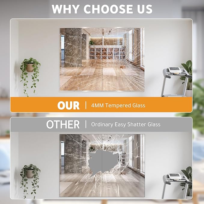 ROOMTEC Workout Mirrors for Home Gym 48"x32", Large Wall Mirror Full Length for Fitness, Yoga, Big Wall Mounted Frameless Glass Mirror for Garage, Dance Studio, Bedroom