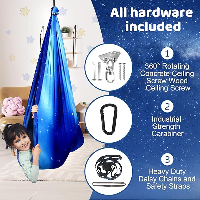 Double Layer Sensory Swing for Kids & Adults Holds up to 300lbs Indoor and Outdoor Therapy Cuddle Swing with 360° Swivel Hanger Kit Adjustable with Aspergers Autism ADHD (Star Blue)