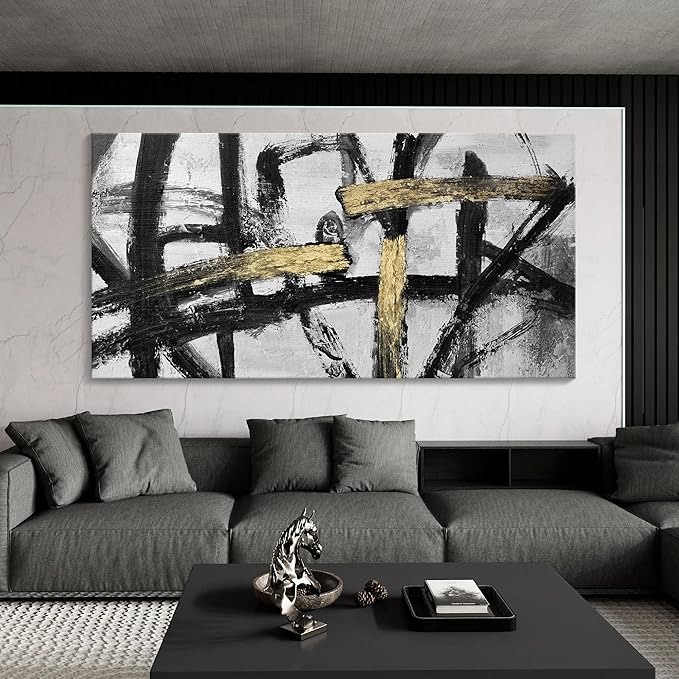 Large Black and White Wall Art, Modern Paintings Gold Abstract Graffiti Canvas Artwork Wall Pictures for Living Room Bedroom Dining Room Home Office Decor 24x48 In